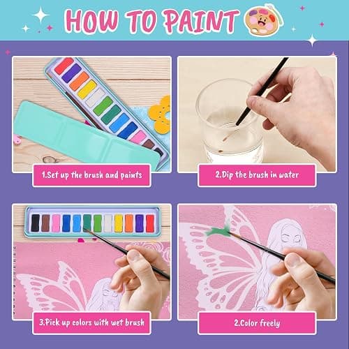 BSCOOL Water Coloring Book for Beginners – Painting Kits for Kids Ages 5 and up. Watercolor Book with 12 Paint Palettes, 1 Brush, and Guides. Fashion Painting for Girls with 15 Pre-Drawn Models. Gift for Girl Ages 5,6,7,8 thumbnail 5