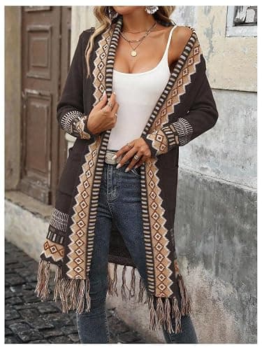 MakeMeChic Women's Fringe Long Cardigan Sweaters Boho Western Sweater | Open Front, Winter Fall Sweater, Cowgirl, Western Outfits, Winter Fall Outfits thumbnail 4