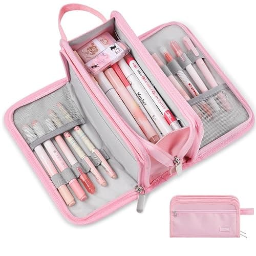 Sooez Large Pencil Case, Big Capacity Pencil Pouch Pen Bag with 3 Compartment, Portable Canvas Stationery Organizer with Zipper, Cute Aesthetic School Supplies for Teen Girls College, Pure Pink - Image 1