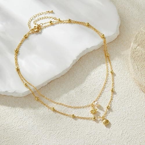 Seashell Starfish Necklace for Women Conch Shell Summer Pearl Beach 14k Gold Layered Dainty Choker thumbnail 3