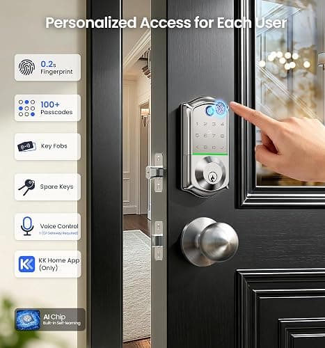 Veise VE017 Fingerprint Smart Door Lock, App Control, 8-in-1 Keyless Entry, Auto Lock, Emergency Power Port, Electronic Touchscreen Keypad, Biometric Smart Locks for Front Door, Satin Nickel thumbnail 3