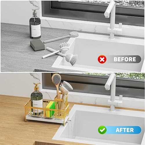 Cisily Gold Sponge Holder for Kitchen Sink, Sink Caddy Organizer with High Brush Holder, Kitchen Countertop Organizers and Storage Essentials, Rustproof 304 Stainless Steel, Soap Dispenser Organize - Gold thumbnail 6