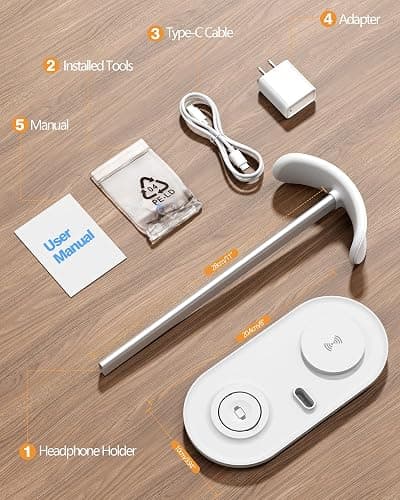 Universal Headphone Stand, Magnetic Wireless Charger for iPhones/AirPods/iWatch, Aluminum Alloy Rod, Leather Pad, ABS Solid Base, White thumbnail 8