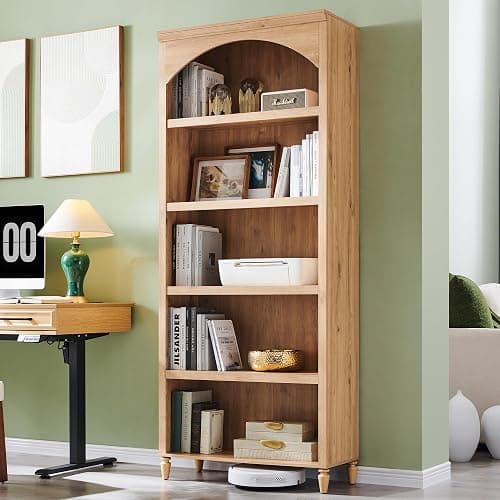 IFGET 76" Tall Arched Bookcase, Farmhouse 5 Tiers Large Arched Bookshelf Cabinet with Adjustable Shelves, Modern Wooden Book Shelf w/Storage and Open Display Shelves for Living Room, Office-Natural - Image 1