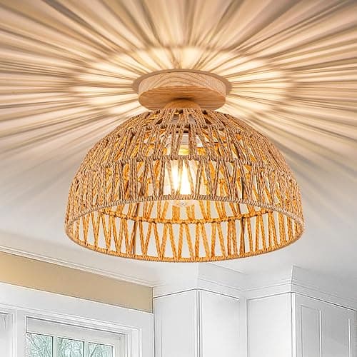 OCWHT Boho Rattan Ceiling Light Fixtures Boho Lamp Shade Flush Mount Ceiling Light Hand-Woven Small Chandelier Wooden Base Chandelier Light for Hallway Bedroom Kitchen Nursery - Brown - Image 1