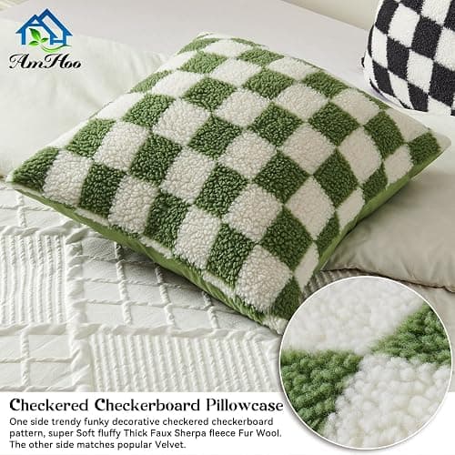 AmHoo Pack of 2 Decorative Throw Pillow Covers Checkerboard Luxury Super Soft Faux Fur Wool Set Case Cushion for Couch Sofa Bedroom 18 x 18-Inch Sage Green thumbnail 4