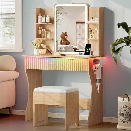 Vanity Desk with LED Lights Mirror & Power Outlet, Small Makeup Vanity Table Set with Storage Drawers & Chair, 3 Lighting Modes & Adjustable Brightness, Dressing Table for Women Girls Bedroom, Oak thumbnail 8