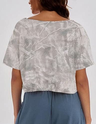 MSBESYOR Women Camo Off The Shoulder Shirt Top Short Sleeve Boat Neck Athletic Workout Crop Tees Oversized T Shirts Summer thumbnail 4