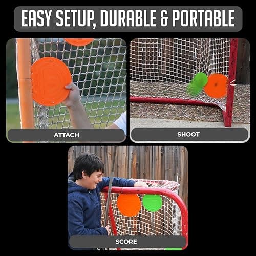 Top Shelf Targets Combo Bundle with Durable Magnetic Hockey Targets/Lacrosse Goal Targets, 4 Tethers and 4 Pucks | Hockey Net Goalie Targets for Shooting Practice and Training thumbnail 8