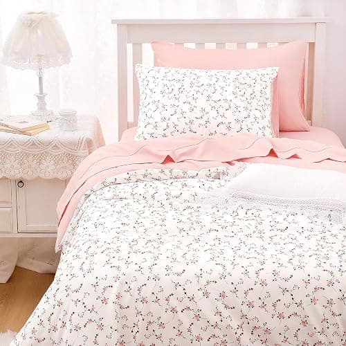 Wake In Cloud - Floral Comforter Set, Coquette Cottagecore Aesthetic Cute Flower Pattern for Women Teen Girls, Soft Lightweight Dorm Bedding, 3 Piece, Pink, Twin/Twin XL Size thumbnail 3
