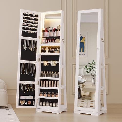 jajov 63" Mirror Jewelry Cabinet with Lights, 360° Swivel Frameless Full-Length Mirror Jewelry Armoire Organizer Standing, Rear Storage Shelves – White thumbnail 9