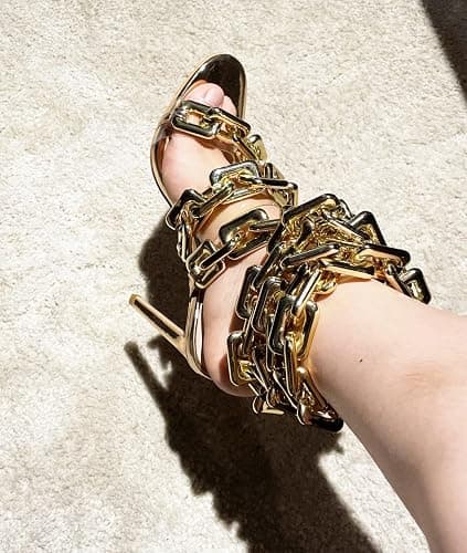 Frankie Hsu Luxury Women's Ankle Leg Lace Up Gold Link Chain Clear PVC Strappy Stiletto Round Toe High Heeled Sandals thumbnail 6