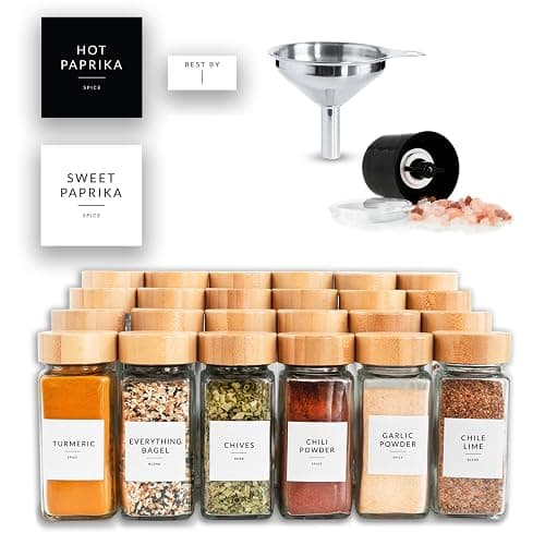 SAVVY & SORTED Glass Spice Jars with Label, 24PK Bamboo Jar Spices Set 4oz, 374 Spice Labels, Pepper Grinder, Empty Herb Seasoning Containers, Funnel and Shaker Lids thumbnail 4