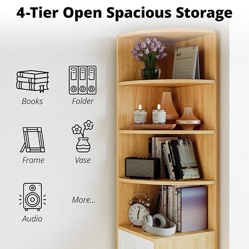 IRONCK Corner Bookshelf and Bookcase, 71" H Wooden Book Shelves 4 Tier with Drawers and Storage Cabinet for Living Room, Office, Bedroom, Oak and White thumbnail 4