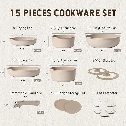 CAROTE 15pcs Pots and Pans Set, Nonstick Cookware Set Detachable Handle, Induction Kitchen Cookware Sets Non Stick with Removable Handle, RV Cookware Set, Oven Safe, Taupe - Taupe set - 15pcs thumbnail 3