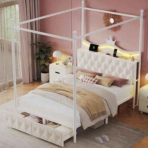 Keyluv Queen Size Upholstered LED Canopy Bed Frame with Charging Station and Drawer, Button Tufted Crown Headboard with Storage Shelf, Two-Purpose Removable Four Poster Design Platform Bed, Beige thumbnail 7