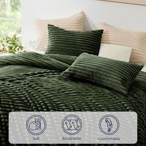 EXQ Home Fluffy Comforter Set Queen Size - Super Soft Faux Fur Stripe Jacquard Comforter 3 Pieces, Olive Green Fleece Bedding Set,Winter Warm Bed Set,1 Comforter with 2 Pillowcases thumbnail 4