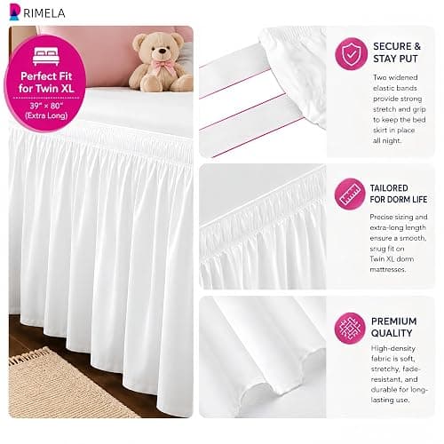 RIMELA Dorm Bed Skirt Twin XL 32 Inch Drop, Easy to Install Extra Long Wrap Around Elastic Dust Ruffle, White Bedskirt Solid Silky Fabric Machine Washable, Bedroom Decor thumbnail 6