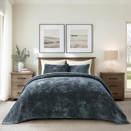 EVERGRACE Velvet Quilt Set King Size, Luxurious Soft Striped Channel Bedding Set, Lightweight Velvet Comforter for All Season, Oversized Bedspread Coverlet with 2 Matching Shams, Stormy Blue - Image 1