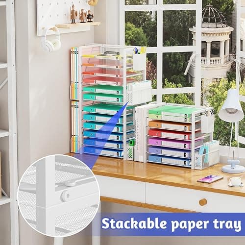 Simple Trending 6 Tier Desk File Organizer, Paper Letter Tray Organizer with File Holder and Pen Container, White thumbnail 7
