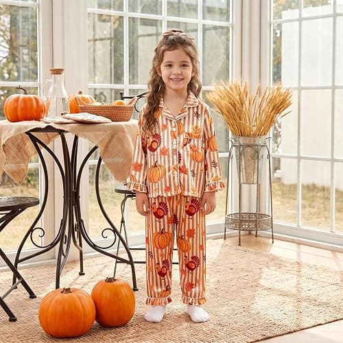 Kids Thanksgiving Pajamas Toddler Girl Turkey Pajama Shirt Pants Set | Little Girl Ruffle Cuffs Long Sleeve Button Down Shirt Stain Pants Set Loungewear Sleepwear Two Piece Pjs Set thumbnail 3