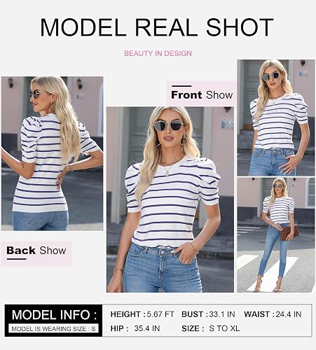 Dokotoo Women's Short Puff Sleeve Knit Tops 2026 Trendy Crewneck Striped T Shirts Casual Summer Blouses thumbnail 4