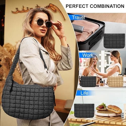 Puffer Crossbody Tote Bag for Women - Hobo Quilted Tote Bag - Soft Fluffy Lightweight for Women Everyday Work Travel thumbnail 6