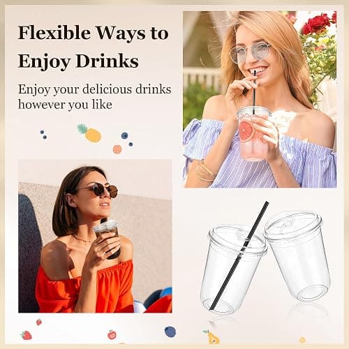 tchrules 100 Set 16oz Clear Round Bottom Plastic Cup with Sip Lid & Straw | Disposable, To Go, Leak-proof, for Iced Coffee/Cold Drinks/Slushie/ Smoothie/Matcha, Party Supplies, for Soda bar/Cafe Shop thumbnail 5