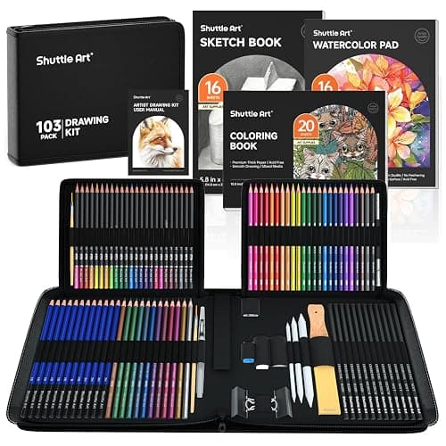 Shuttle Art 103 PCS Drawing Kit, Professional Drawing Supplies with Sketch, Charcoal, Colored, Graphite, Pastel Pencils & Sticks, Complete Drawing Tools and Paper Pads in Zipper Case for Artists&Kids - Image 1