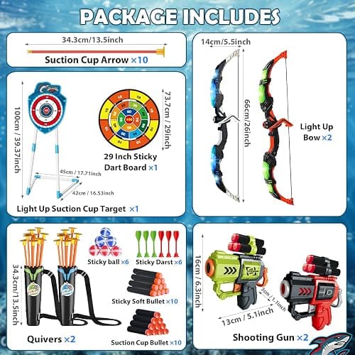 VATOS 2 Pack Bow and Arrow Toy with LED Light - 4 in 1 Archery & Dart Game Set with 20 Suction Cup Arrows, Shark Glow Target & Dart Board - Indoor/Outdoor Birthday Gift for Kids Boys Girls Ages 5-12 thumbnail 7