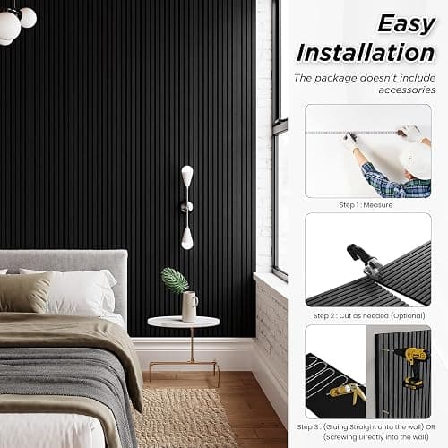Smartstandard 4 Pack 105.9" x 12.6" Wood Slat Wall Panels, Soundproof Wooden Wall Panels, Acoustic Wood Panels for Wall, 3D Fluted Wood Panels for Interior Wall Decor, Matte Black thumbnail 5