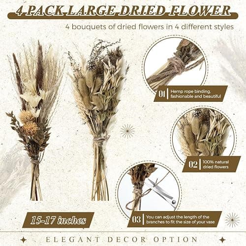 Layhit 4 Pack Large Size Boho Dried Flower Bouquet 15-17 Inch Wedding Handmade Dry Flowers for Vase Crafts DIY Photo Boutonniere for Men Floral Plant for Bridesmaid Gift Birthday Decor(Classic) thumbnail 3