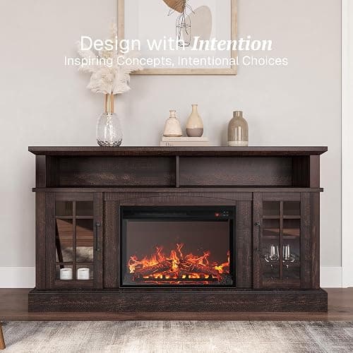 BELLEZE Astorga 58" TV Stand with 23" Electric Fireplace - Espresso | for TV Up to 65",Open Shelf & Storage Cabinet,Adjuatable Shelf,for Living Roomg Dining Room thumbnail 3