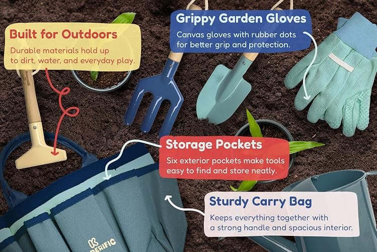 Kinderific Gardening Set, Tool Kit, for Kids, STEM, Includes Tote Bag, Spade, Watering Can, Rake, Fork, Trowel and Gloves (Ocean Blue) thumbnail 5