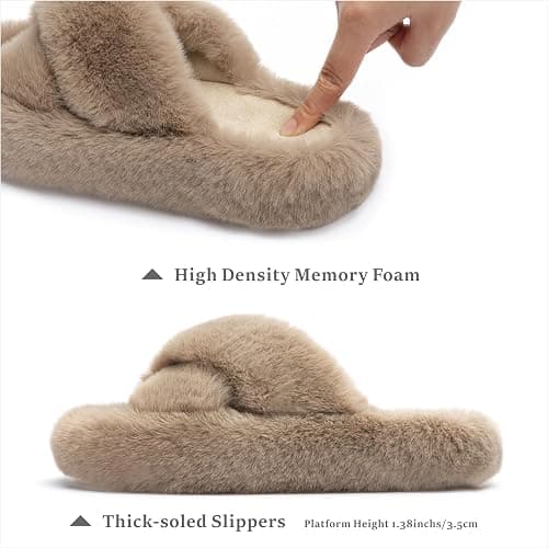 Chantomoo Women's Blue Memory Foam Faux Fur Lined Open Toe Slippers for Women - US 12 thumbnail 2