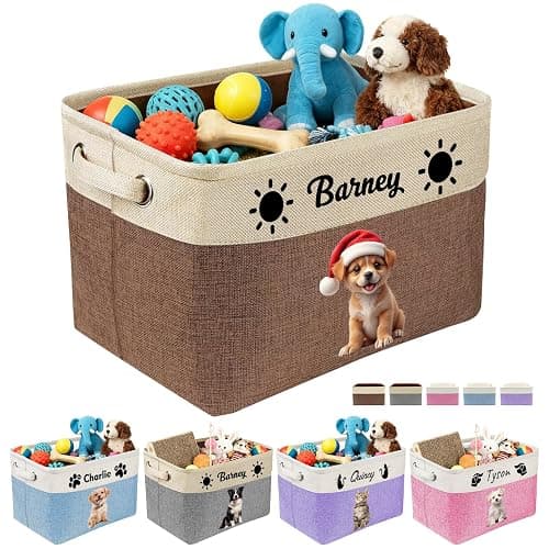 Personalized Dog Toy Storage Basket Custom Dog Name Photo Cat Pet's Gift Baskets Collapsible Organizer Box Foldable Storage Basket with Handle for Toys, Coats, Clothing, Blankets, Brown - Image 1
