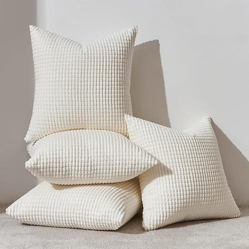 Topfinel Cream White Decorative Throw Pillow Covers 18x18 Inch Set of 4 for Living Room Couch Bed Sofa, Boho Natural Farmhouse Home Decor, Soft Plush Corduroy Cute Square Beige Cushion Case 45x45 cm - Image 1