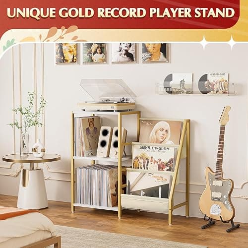 Record Player Stand, Turntable Stand with 3-Tier Vinyl Record Storage, Record Player Table 200 Albums, End Table with Vinyl Display Holder Shelf, Record Player Cabinet Media Console for Stereo,Gold thumbnail 4