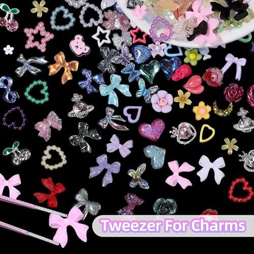 3D Nail Charms and Gems Rhinestone Cherry Heart Planet Nail Charms, Junk Case Charms, Assorted Bows Flowers Butterfly Rose Star Heart Hollow Nails Art Charms for Nails Art DIY thumbnail 5