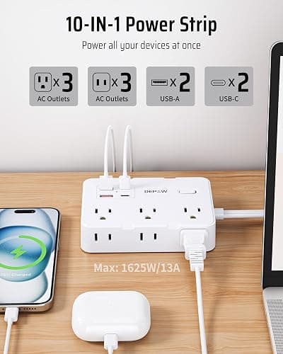 DEPOW Surge Protector Power Strip, 3 FT Extension Cord with 6 AC Outlets(1625W/13A) 4 USB Ports,1050J Surge Protection, Wall Mountable Charging Station for Office, Home, White thumbnail 3