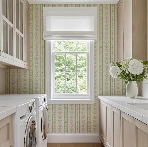 RollsRolla Green Stripe Peel and Stick Wallpaper Featuring Pink Floral, Vintage Farmhouse Inspired Renter Friendly Wallpaper, Cute and Whimsical Style for Girls Room, Bathroom, Laundry Room thumbnail 4