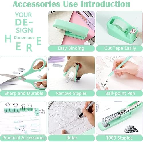 Dimonluce Green Office Supplies, Teal Desk Accessories Accessories with Tape Dispenser, Stapler, Staple Remover, 1000 Staples, Tape, Clips Set, Ruler, Scissor, Pen thumbnail 5