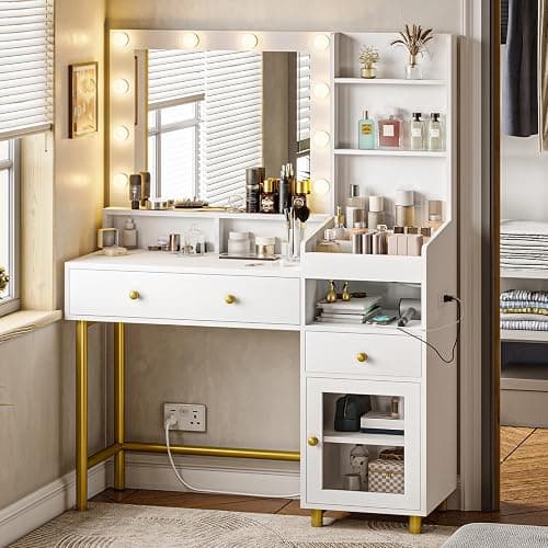 VIAGDO White Vanity Desk with Mirror and Lights, Makeup Vanity with Charging Station & 3 Storage Compartments, Makeup Desk with Drawers and Open Storage Shelves, Bedroom Dressing Table thumbnail 3