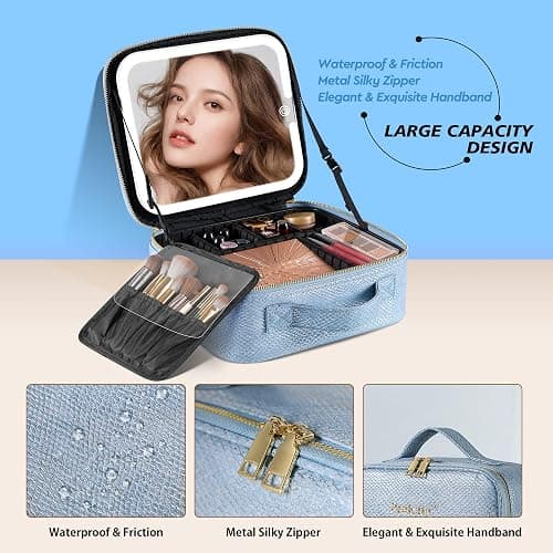PRALENA Portable Travel Makeup Bag with Mirror and Light - 3 Colors,Adjustable Brightness Spacious Cosmetic Organizer,Mermaid Shine Blue thumbnail 5
