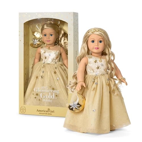 American Girl 2025 Glimmering Gold Holiday Collector Doll, with Light-Blue Eyes, Long Wavy Blonde Hair, Ages 8+ - Image 1