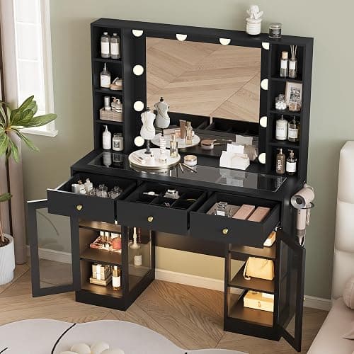 Wodeer Makeup Vanity Desk with Mirror and Lights, Black Vanity with Glass Top, LED Lights & Power Outlet, 3 Drawers & 2 RGB Glass Cabinets, Adjustable Lighted Dressing Table for Women & Girls Bedroom thumbnail 5