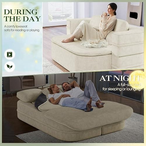 Antetek Convertible Sleeper Sofa, Modern Folding Futon Chenille Floor Foam Compression Loveseat Sofa Bed Couch, Foldable Full-Size Guest Bed with 4 Pillows for Living Room Bedroom Apartment, Beige thumbnail 3