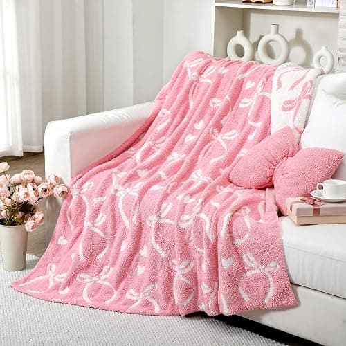 Hillsuren Valentine's Day Pink Bow Throw Blanket and Pillow Set Include Coquette Blanket 50 x 60 Inch and Pink Bow Plush Throw Pillows Cushion for Girls Women Gift Couch Sofa Bed Nursery Preppy Room thumbnail 2