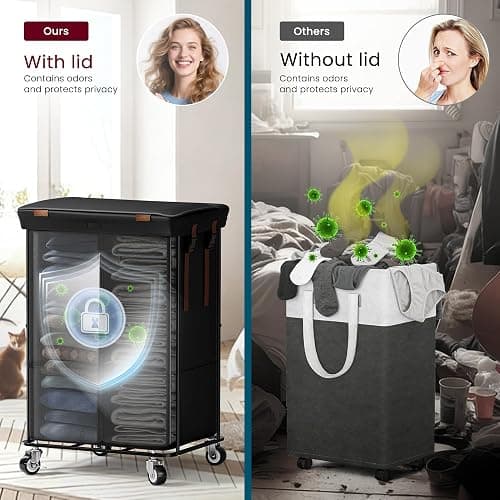 150L Rolling Laundry Basket with Wheels and 2 Removable Bags, Double Laundry Hamper with Lid, 2 Section Large Capacity for Laundry Bedroom Bathroom Dorm, Easy Move & Organize 19.7"x15.7"x31.9", Black thumbnail 7