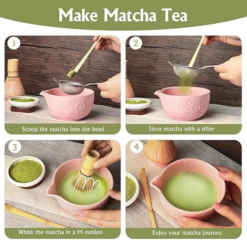 Matcha Whisk Tea Set Kit: Japanese Matcha Kit - Ceramic Bowl Bamboo Whisk Chasen Holder spoon Measuring Scoop Sifter - Traditional Practical for Tea Ceremony Breakfast Lattes - Home Kitchen Christmas thumbnail 8